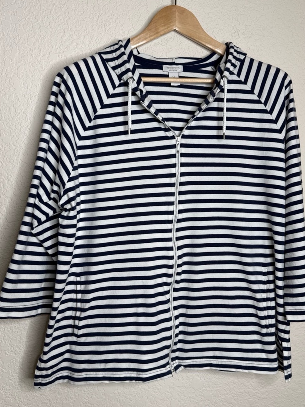 Weekends by Chico's Navy Striped Zip Hoodie Jacket Size 3(XL) Nautical Coastal